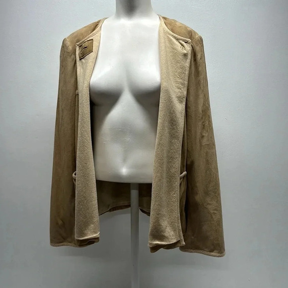St John Suede Leather Coat Jacket Cashmere Lined Pockets Tan Beige Womens Size 8 - Picture 3 of 11